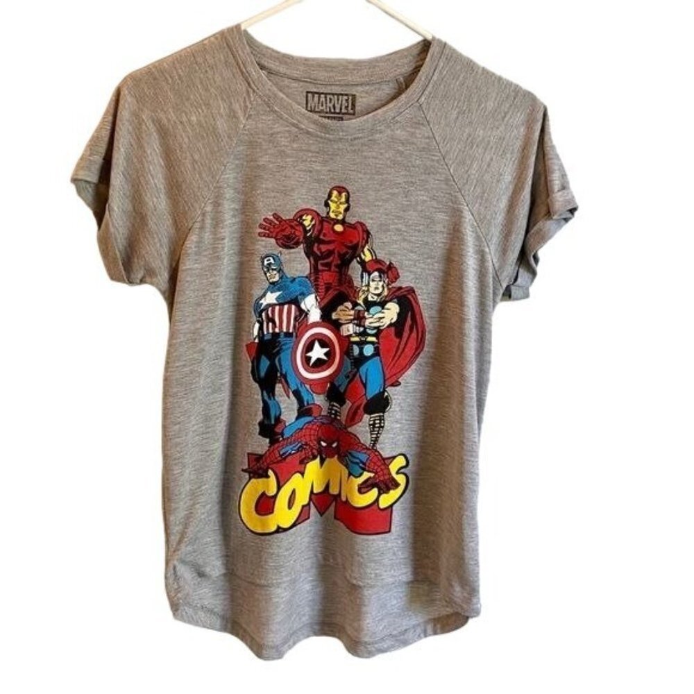 Marvel Comics Grey Tee Shirt with Super Heroes Size Small